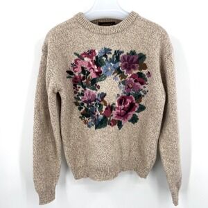 Vintage Eddie Bauer Wool Sweater Floral Roses Oatmeal 90s Size M Cottagecore
